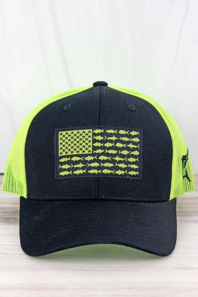 Black and Neon Lime USA Fish Flag Mesh Cap