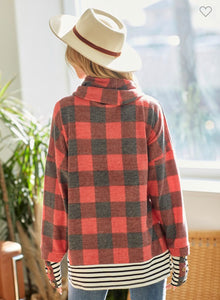 Red Brushed Plaid Cowl Neck Tunic