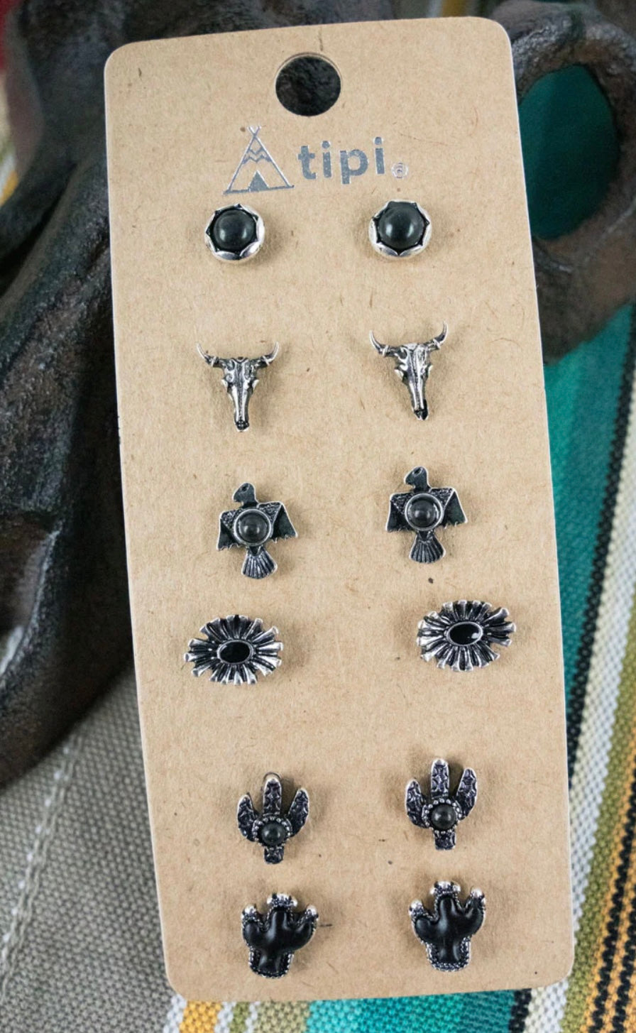 Black Chattahoochee Stud Earrings 6 Pair Set
