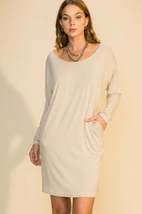 Khaki Long Sleeve Round Dress