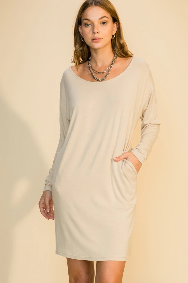 Khaki Long Sleeve Round Dress