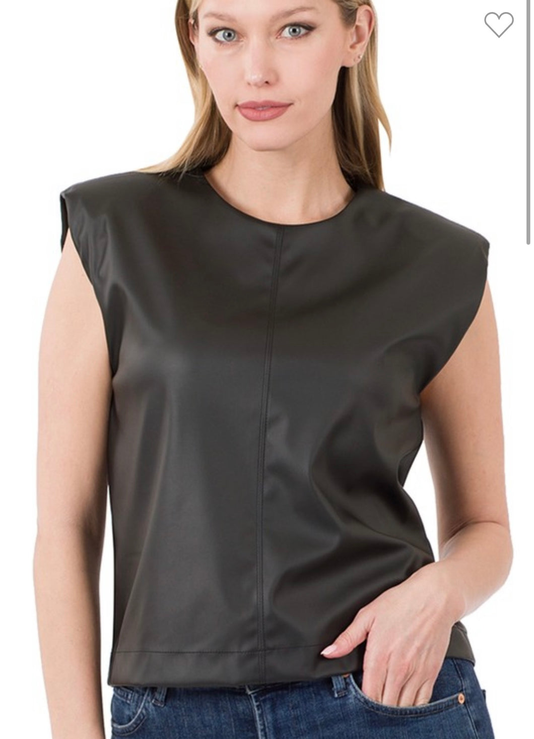 Black Vegan Leather Shoulder Pad Sleeveless Top