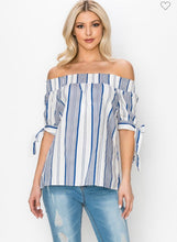 Load image into Gallery viewer, Blue Striped Off the Shoulder Top
