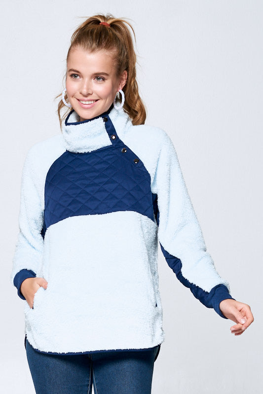 Navy And Light Blue Quilted Color Block Sherpa