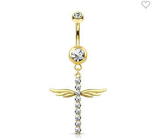 Load image into Gallery viewer, CZ Paved Dangle Cross Belly Button Ring
