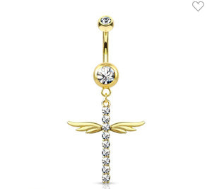 CZ Paved Dangle Cross Belly Button Ring