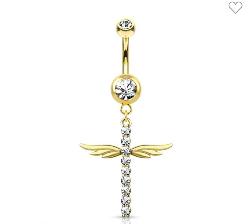 CZ Paved Dangle Cross Belly Button Ring