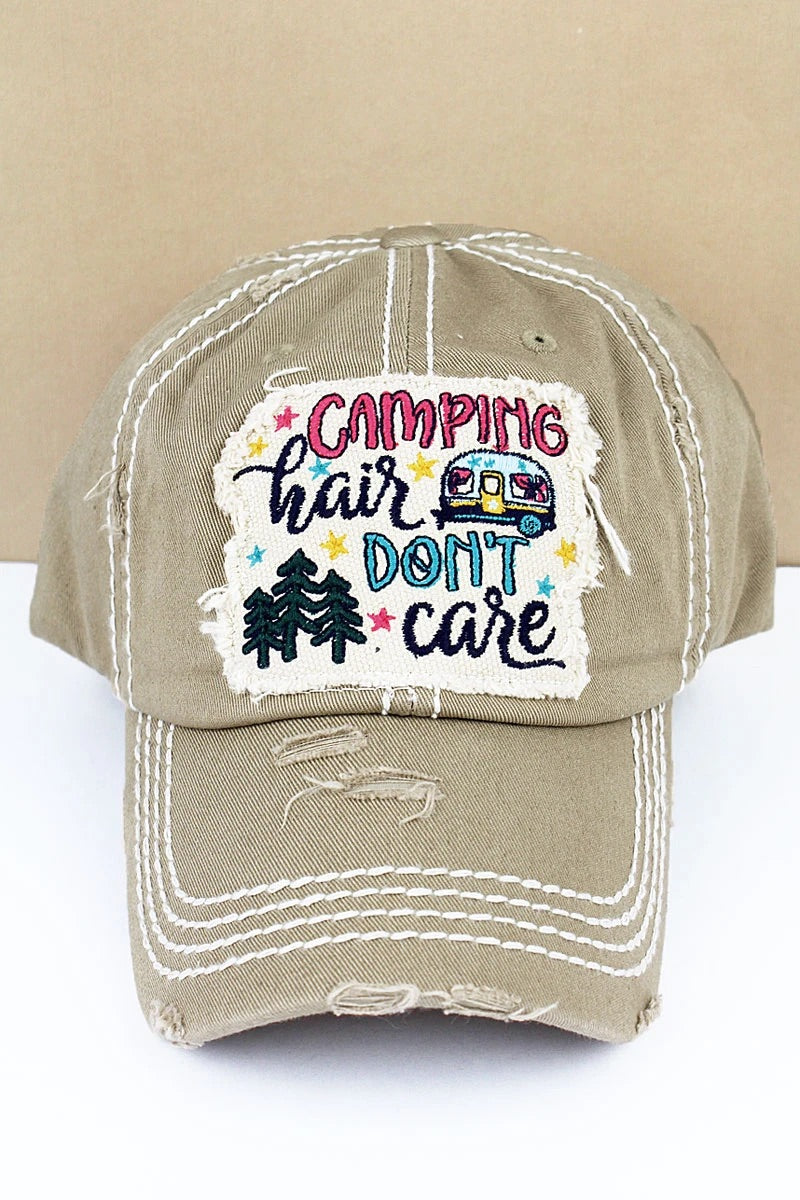 Distressed Khaki 'Camping Hair Don't Care' Cap