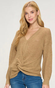 Taupe Solid Twisted  Cross Knotted Front Sweater Top