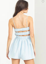 Load image into Gallery viewer, Sky Blue Head Overheels Smocked Sleevelrss Romper
