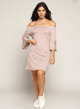 Load image into Gallery viewer, Mauve/White Striped Off the Shoulder Dress
