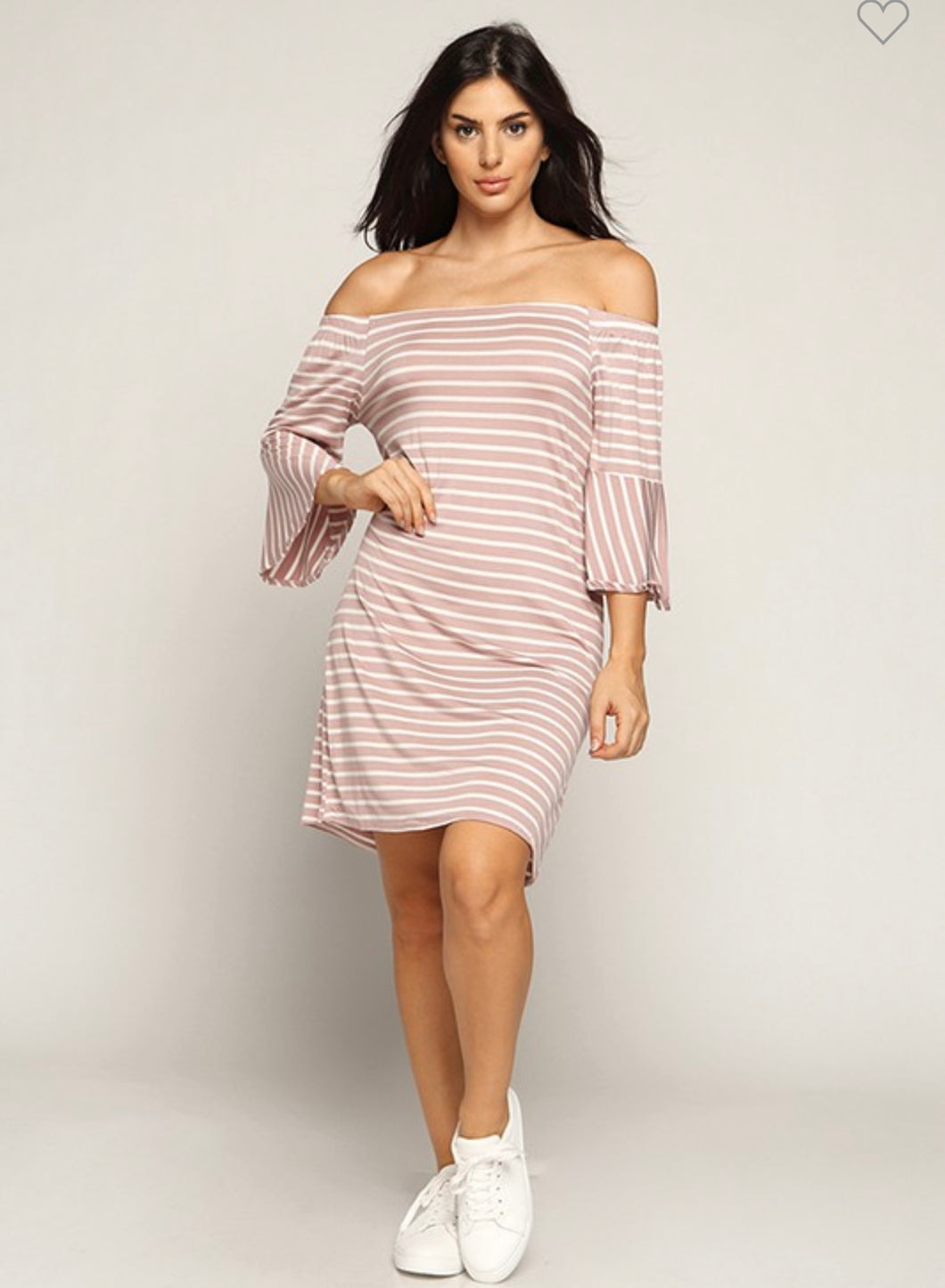 Mauve/White Striped Off the Shoulder Dress