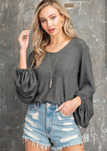Load image into Gallery viewer, Charcoal Hi-Lo Volume Sleeve Solid Waffle Top
