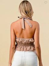 Load image into Gallery viewer, Cognac Halter Neck Ruffled Waist Crop Top

