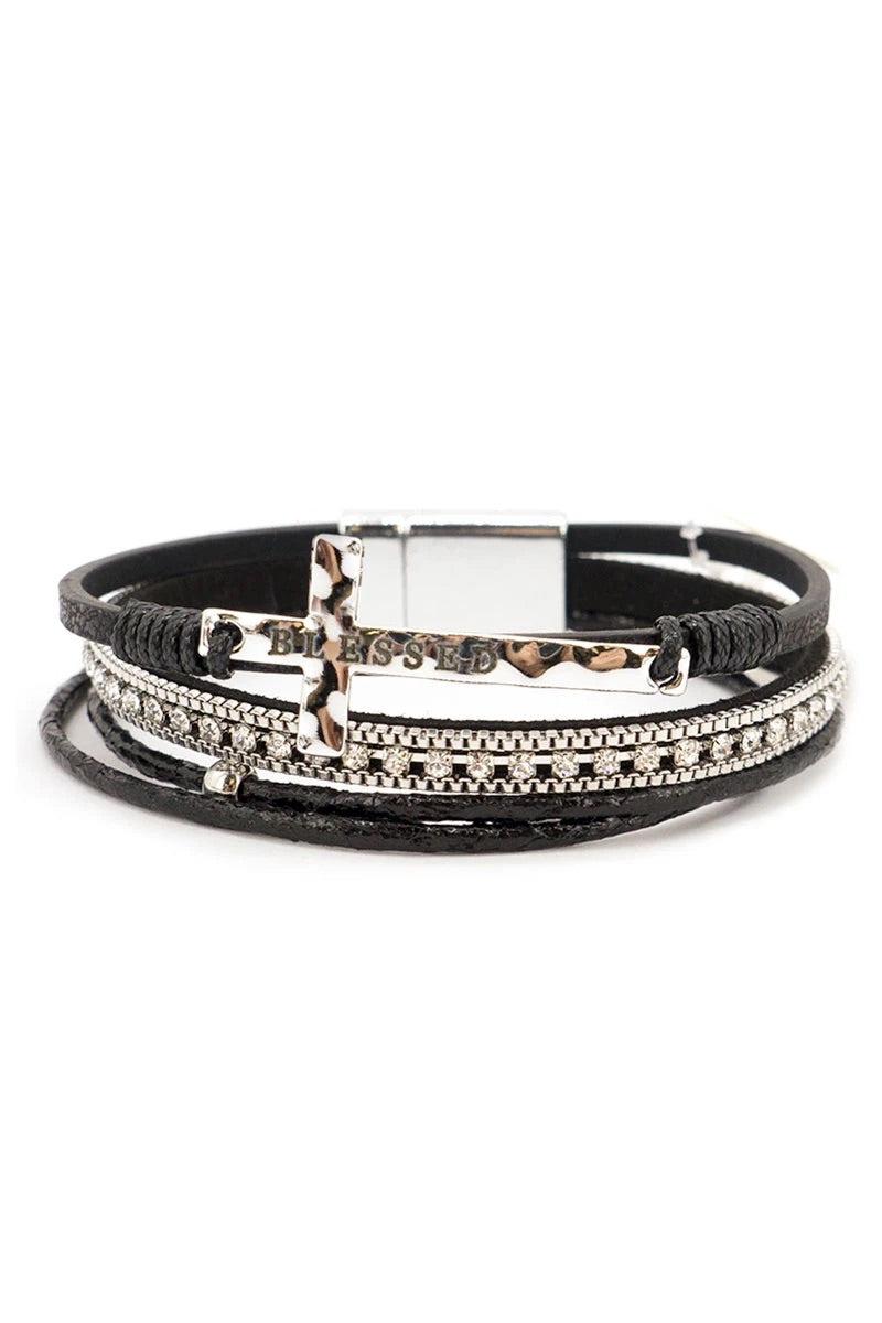 Blessed Cross and Faux Leather Multi-Strand Magnetic Bracelet