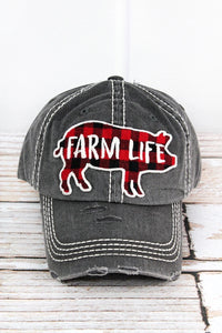 DISTRESSED BLACK 'FARM LIFE' BUFFALO PLAID PIG CAP