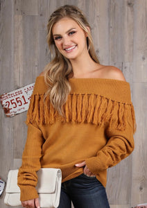 Camel Off Shoulder Fringe Sweater Top