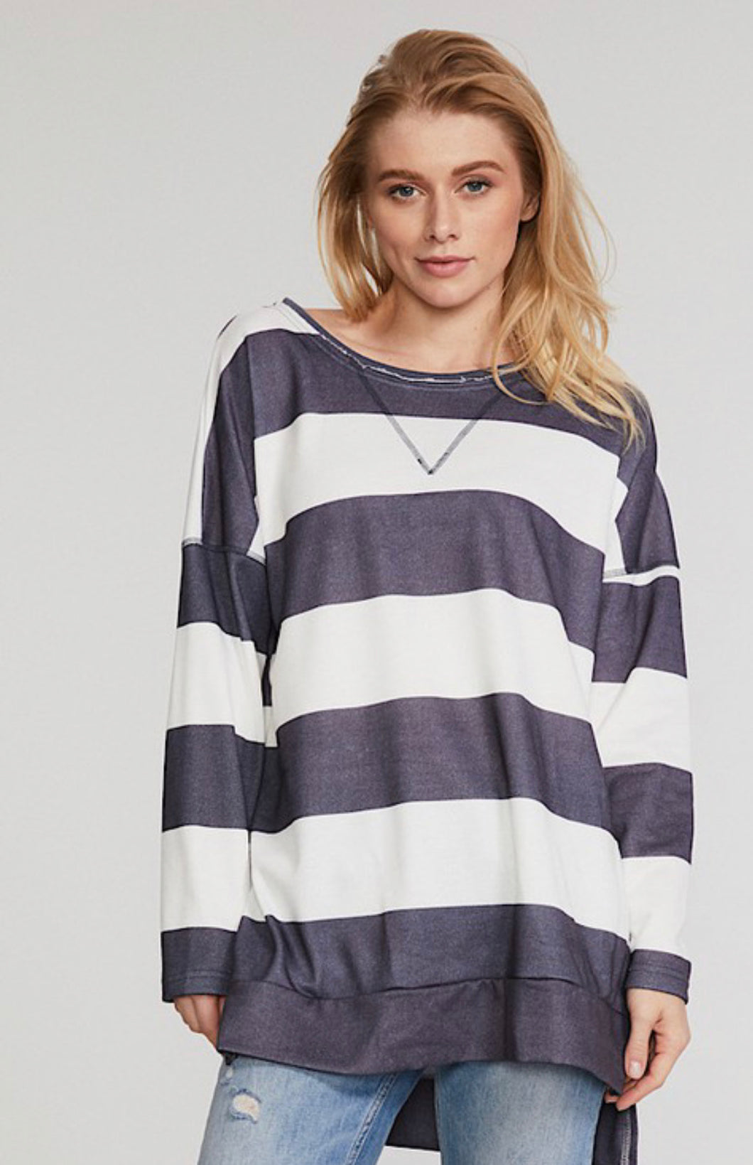 Navy Oversized Striped Sweatshirt