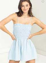 Load image into Gallery viewer, Sky Blue Head Overheels Smocked Sleevelrss Romper
