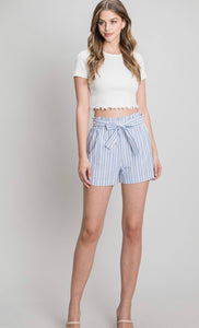 Blue Chambray Striped Front Tie Paper Bag Shorts
