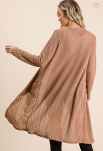 Popcorn Waffle Open Front Knee Length Cardigan- Mocha