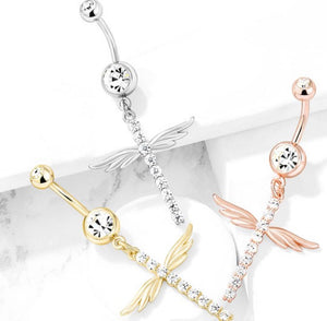 CZ Paved Dangle Cross Belly Button Ring