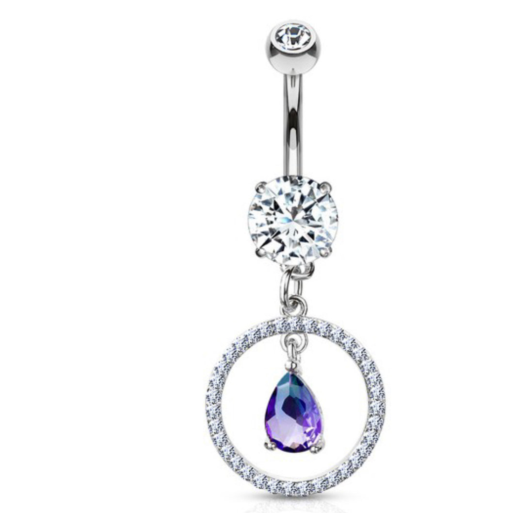 CZ Circle Pear Shaped Gem Belly Button Ring 14GA