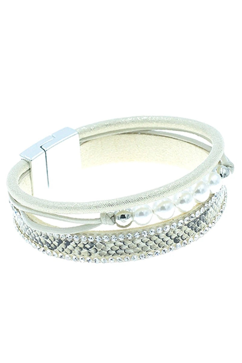 PEARL ACCENTED BEIGE SNAKESKIN MULTI-STRAND MAGNETIC BRACELET