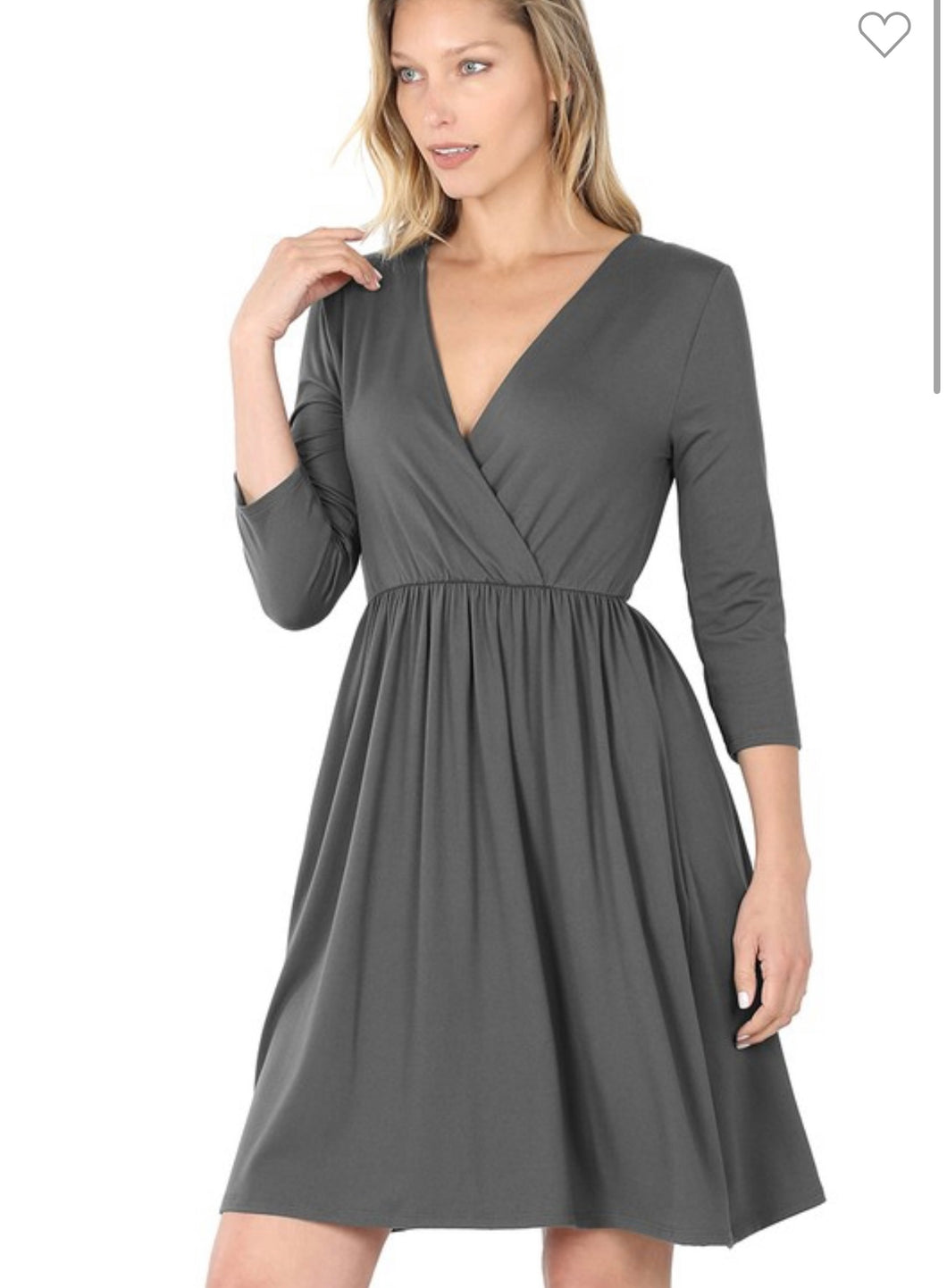 Ash Grey Buttery Soft 3/4 Sleeve Surplice Dress