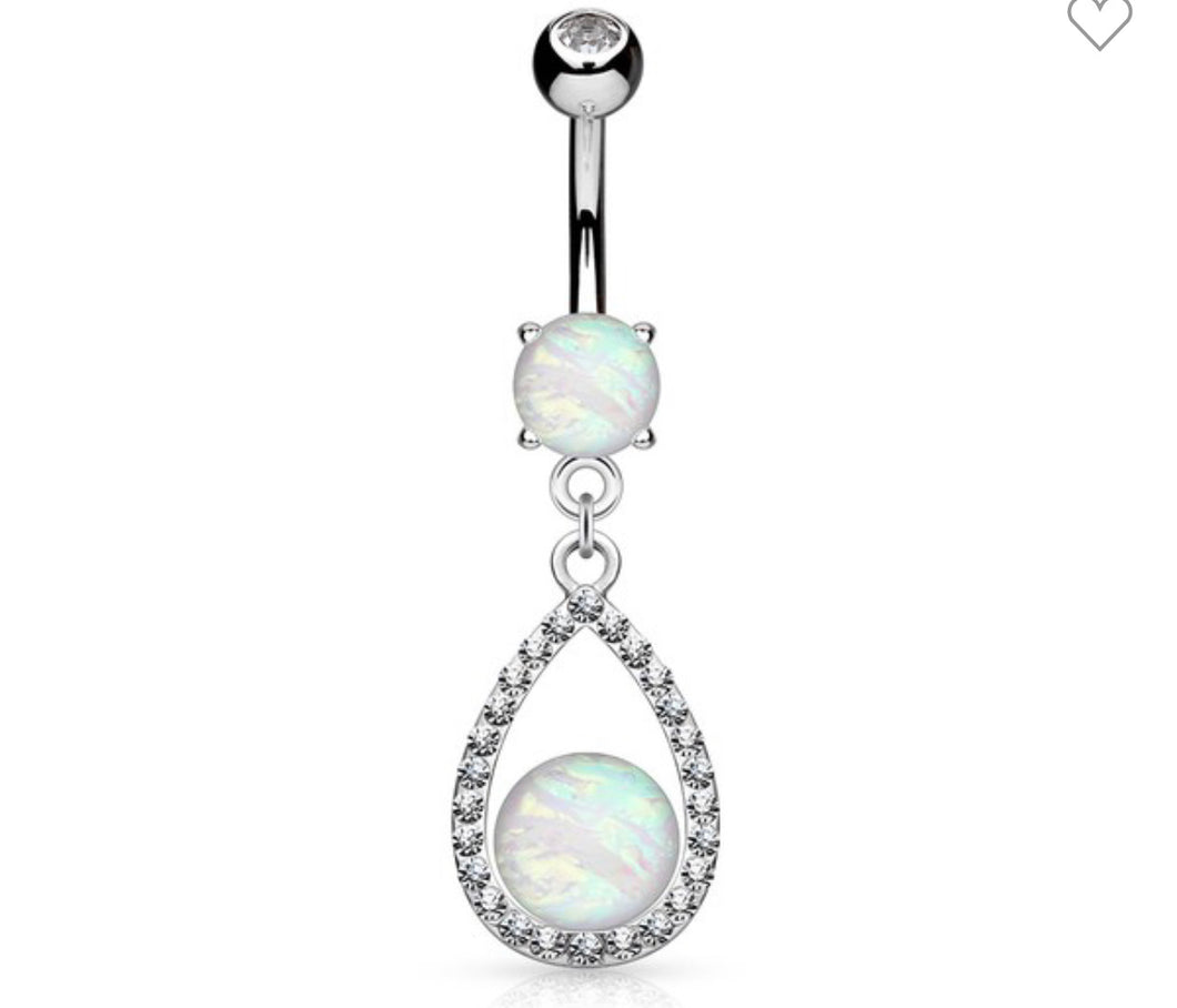 Opal Glitter Tear Drop Steel Belly Button Ring