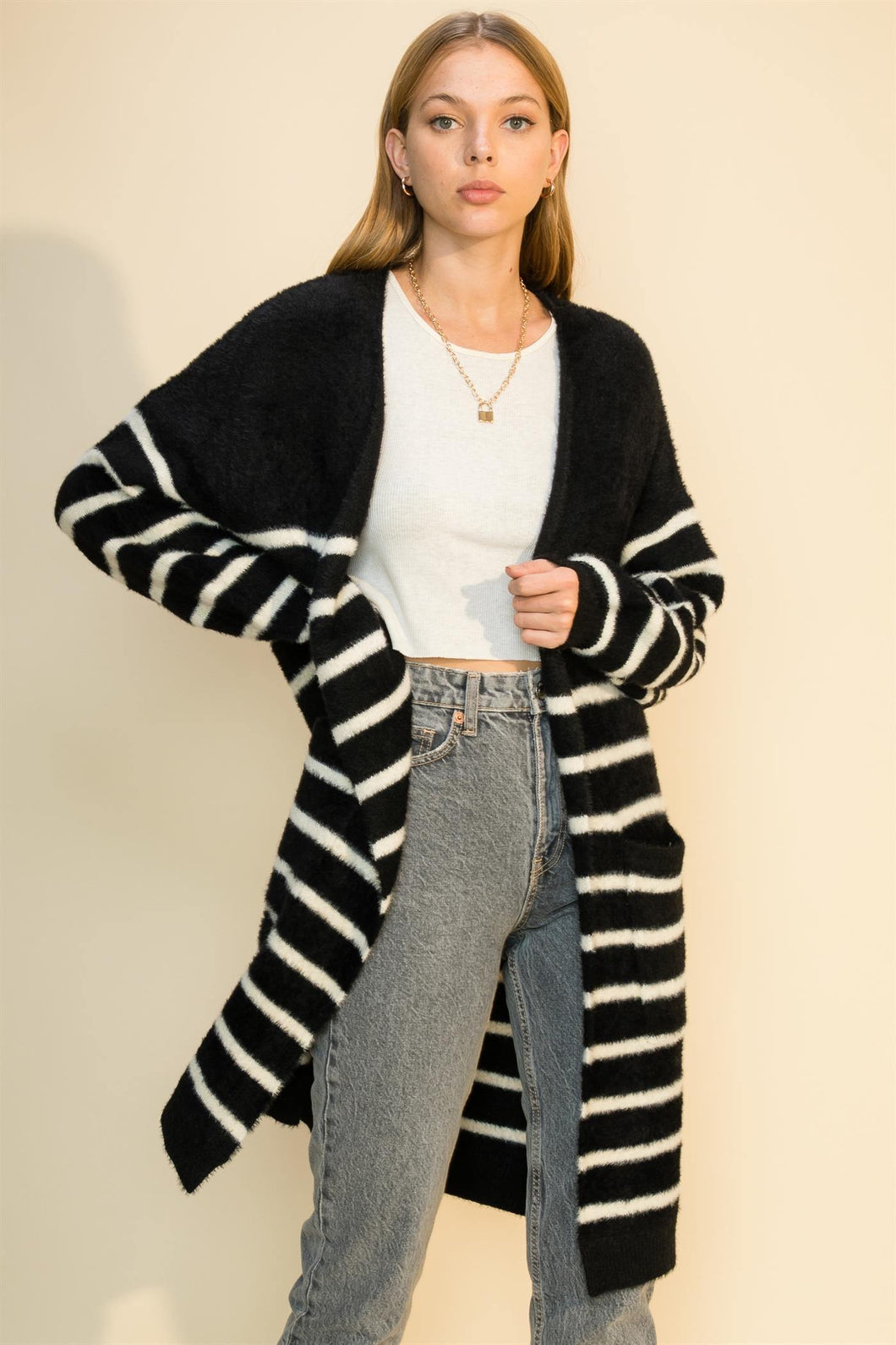 Black Long Line Stripe Open Cardigan