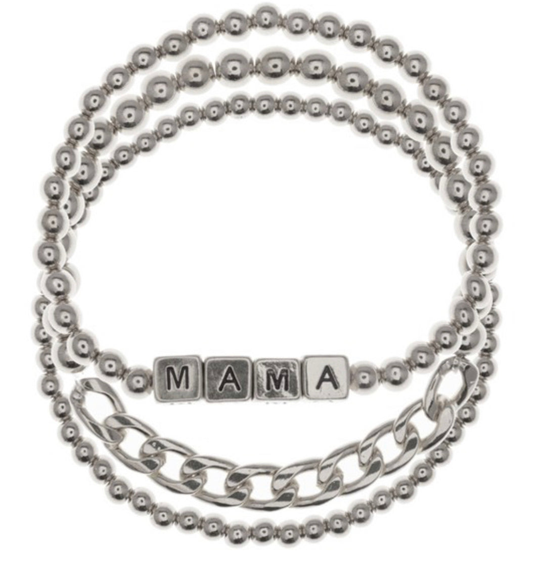 Mama Metal Bracelets (set of 3 7.25”) Rhodium