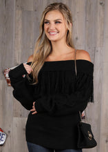 Load image into Gallery viewer, Black Off Shoulder Fringe Sweater Top
