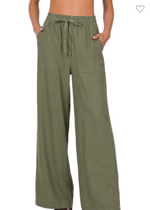 Olive Soft Linen Drawstring Pants with Pockets