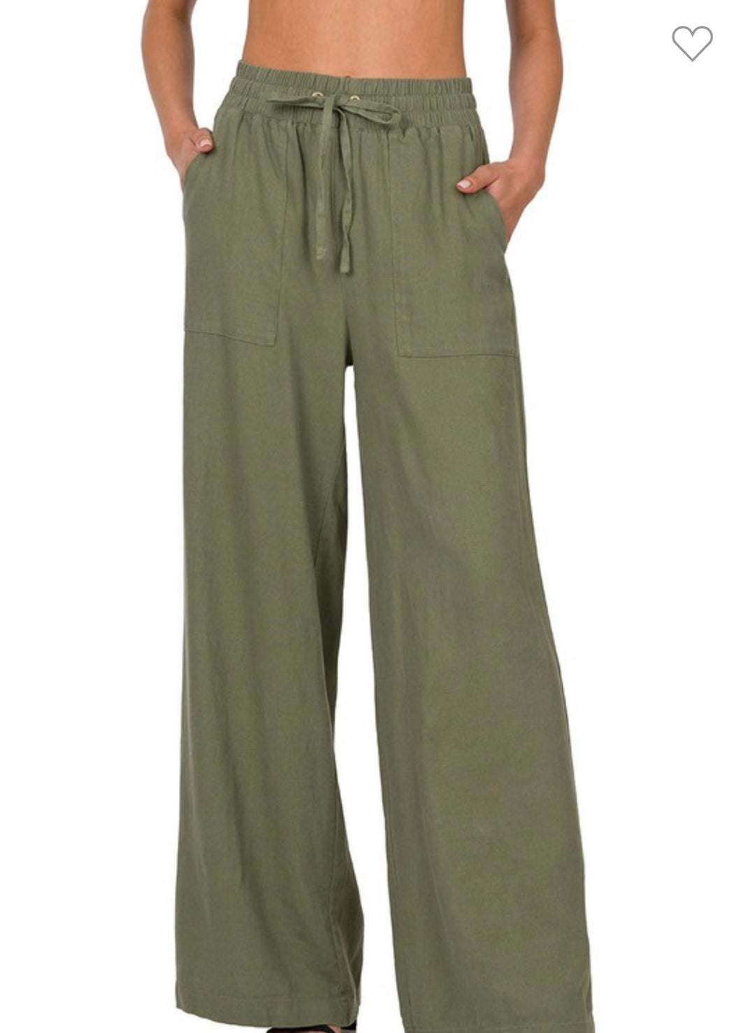Olive Soft Linen Drawstring Pants with Pockets