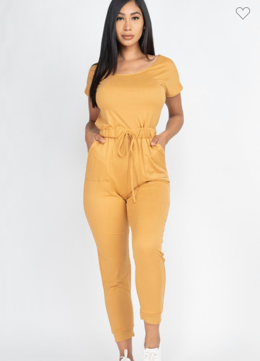 Two-Way Shoulder Drawstring Jumpsuit- Camel
