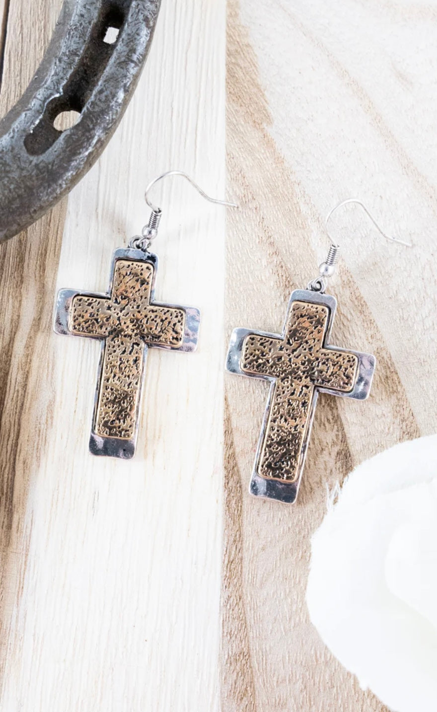 Burnished Silvertone and Goldtone Cathryn Cross Earrings