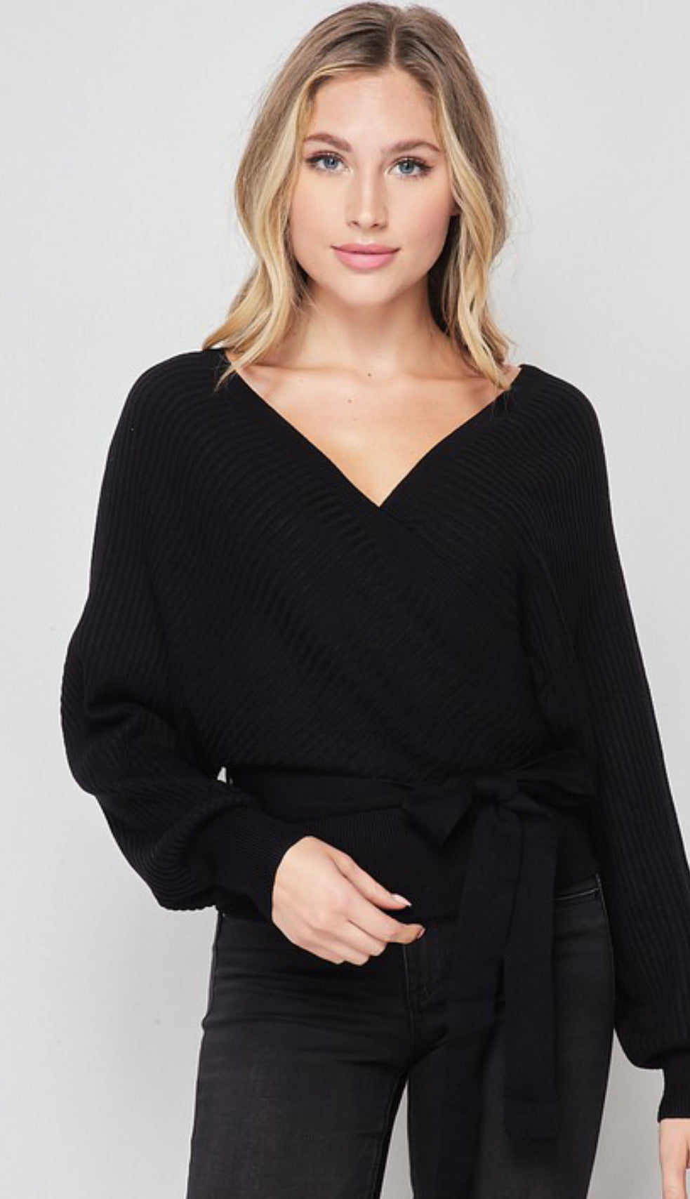 Black Wrap Style Knit Sweater Top