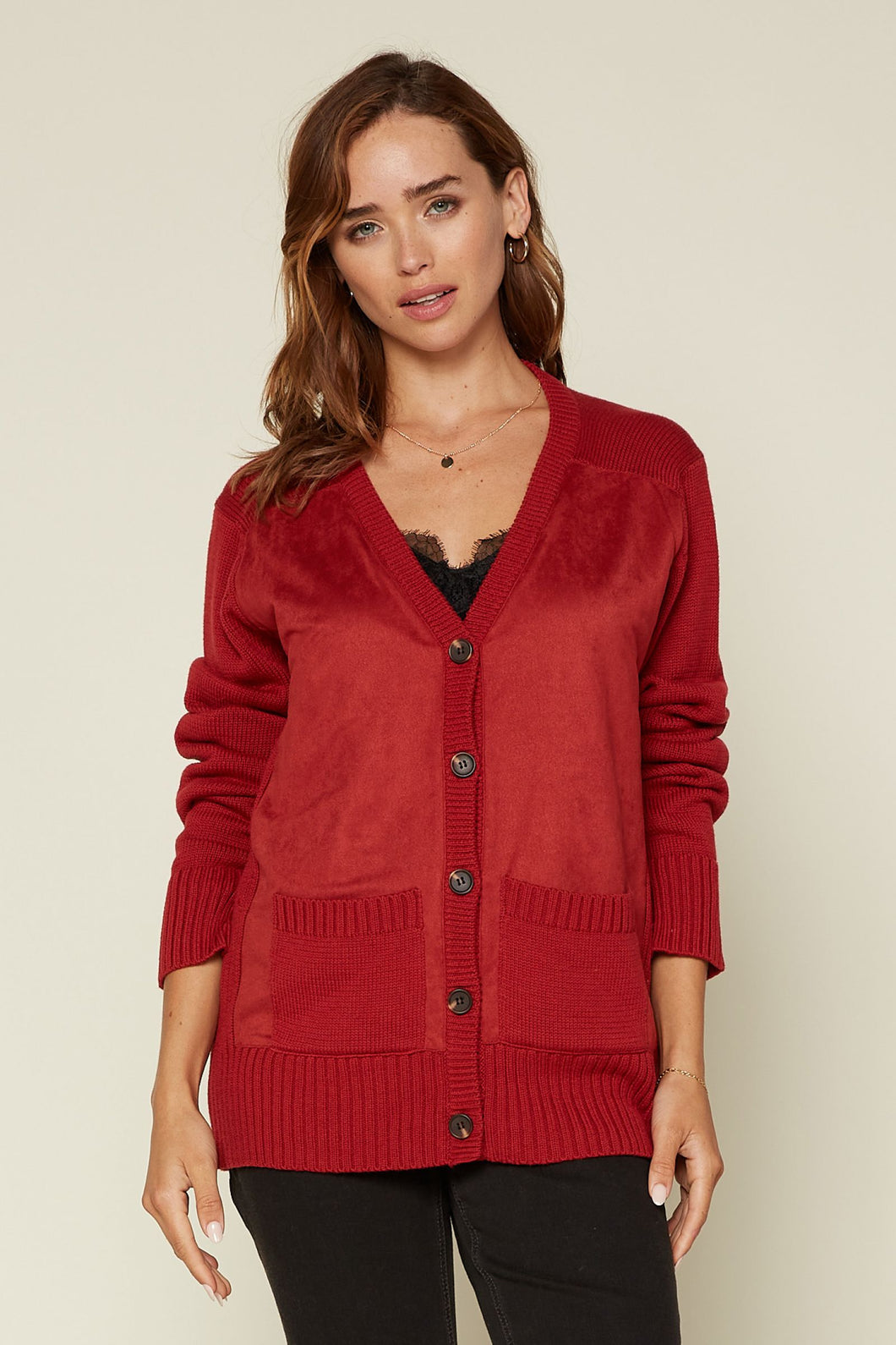 Rust Suede Contrast Knit Cardigan