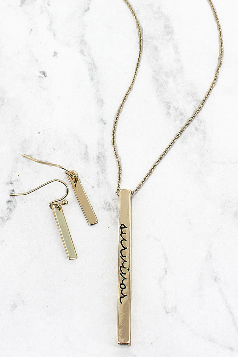 Goldtone ‘Survivor’ Cubed Bar Necklace & Earring Set