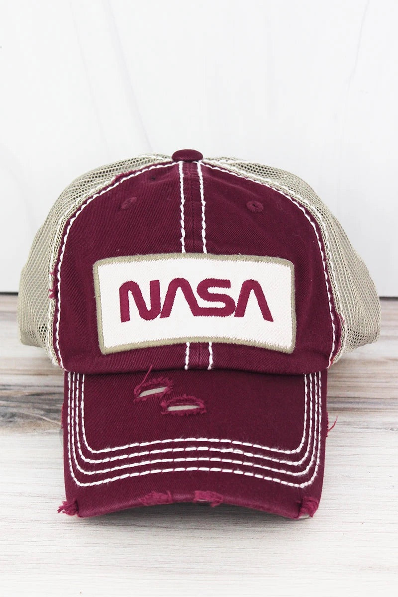 Distressed Burgundy Nasa Mesh Cap