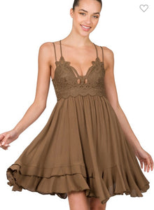 Mocha Crochet Lace Ruffle Dress