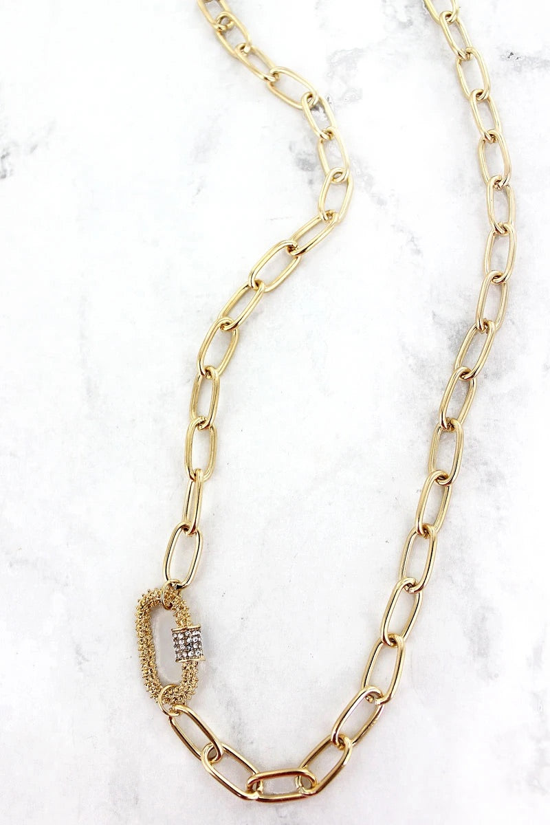 Goldtone Crinkled Textured Carabiner Chain Necklace