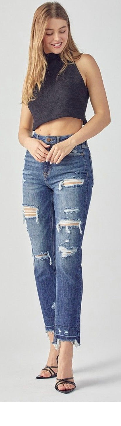 RISEN DISTRESSED SHADOW HEM STRAIGHT LEG JEANS