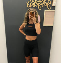 Load image into Gallery viewer, Black Ribbed Keyhole Sports Bra &amp; Biker Short Set
