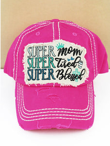 Distressed Hot Pink 'Super Mom Super Tired Super Blessed' Cap