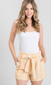 Mustard Ivory Striped Linen Front Tie Shorts