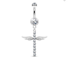 Load image into Gallery viewer, CZ Paved Dangle Cross Belly Button Ring
