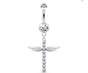 CZ Paved Dangle Cross Belly Button Ring