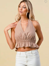 Load image into Gallery viewer, Cognac Halter Neck Ruffled Waist Crop Top
